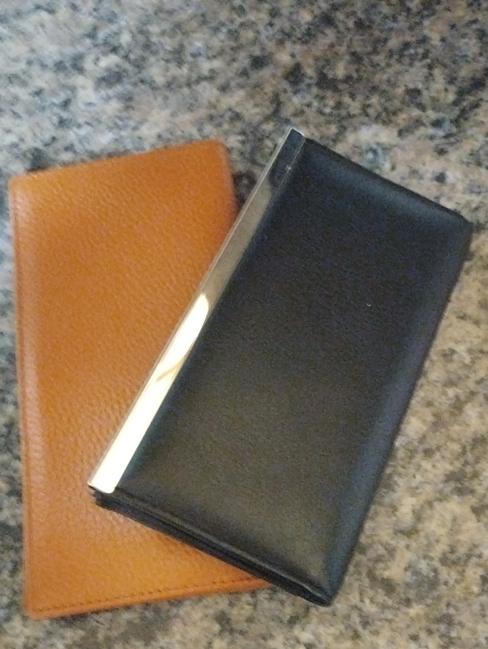 Elegant Leather Women’s Wallet Black Smooth With Gold Trim/ Brown Peppled Leathe